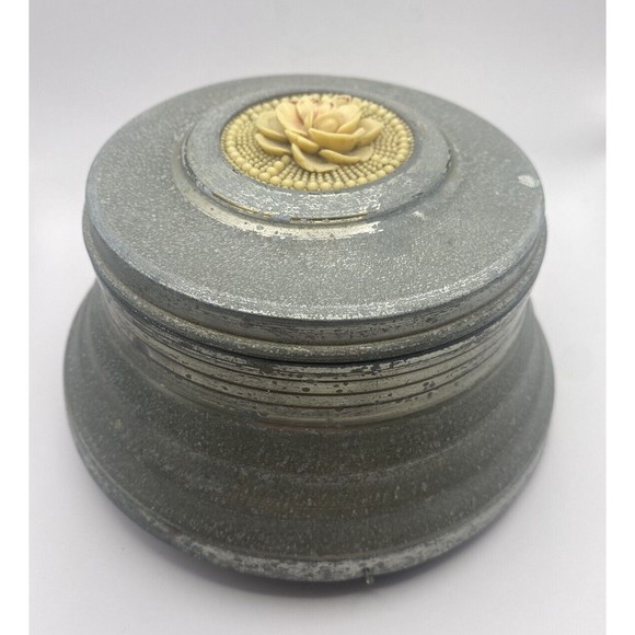 Vintage Music Box Aluminum Metal Powder Trinket Vanity Floral Top Used - Picture 2 of 13